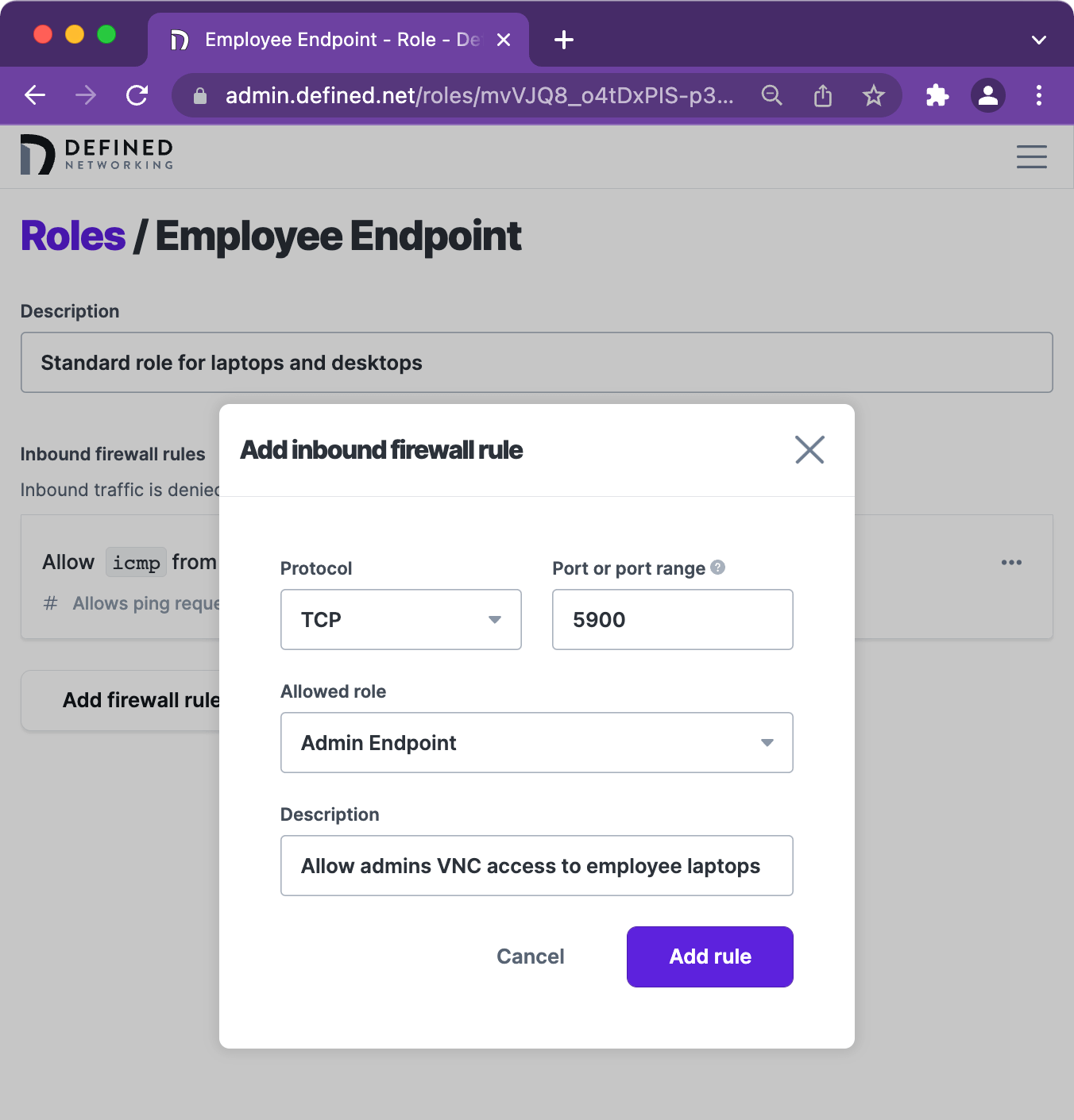 Screenshot of UI to add a firewall rule