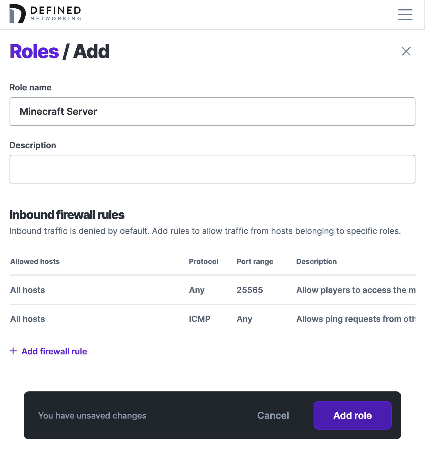 A screenshot of the Add Role form in the admin panel, creating a role for the Minecraft Server