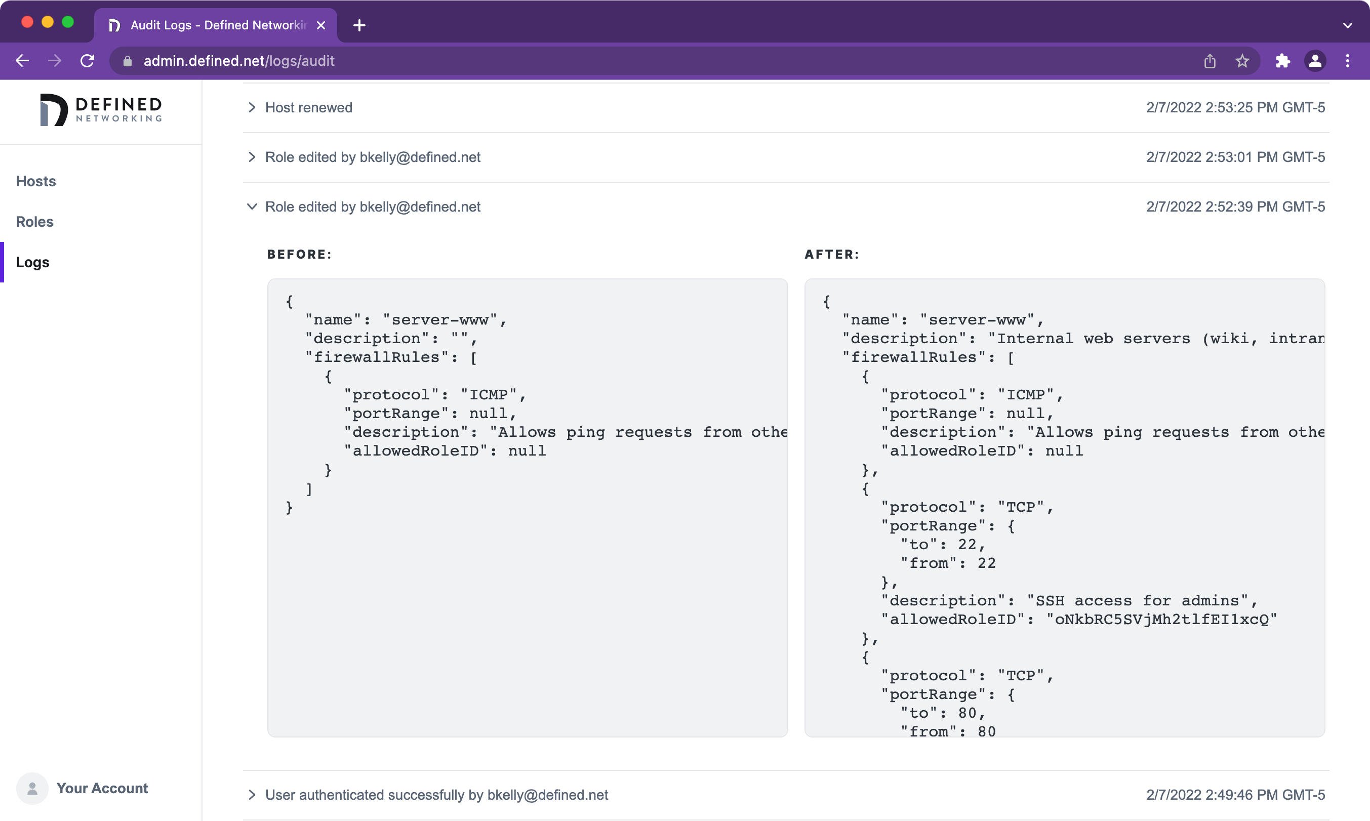Screenshot of UI showing audit logs