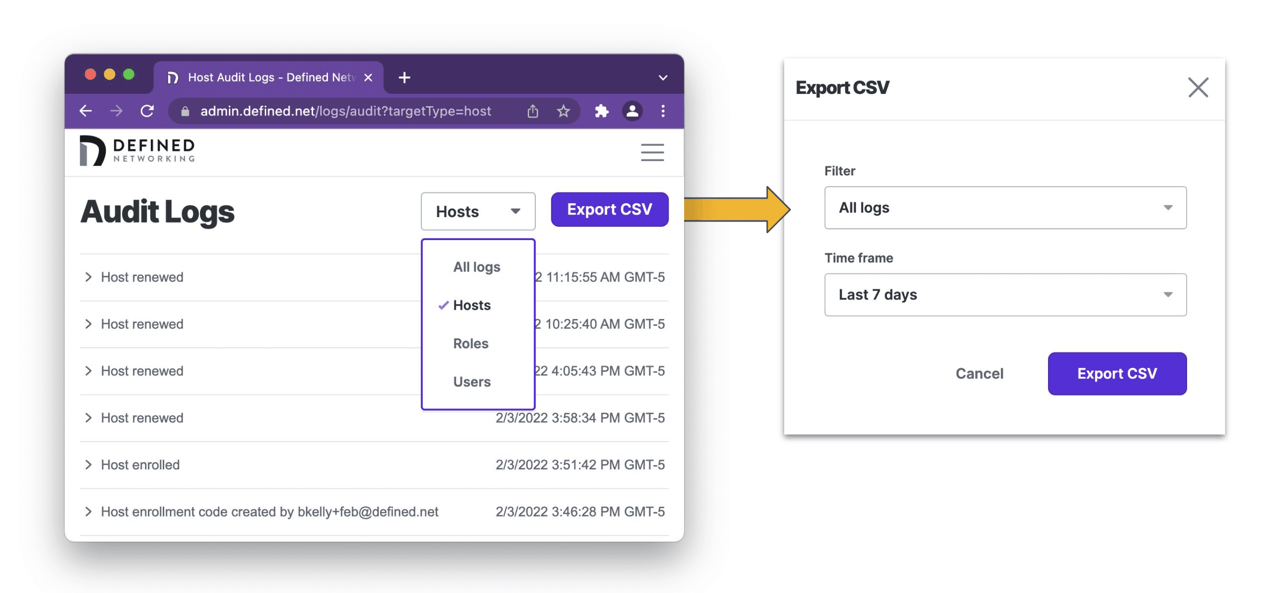 A snapshot of Defined Networking admin panel demonstrating export of filtered audit logs.