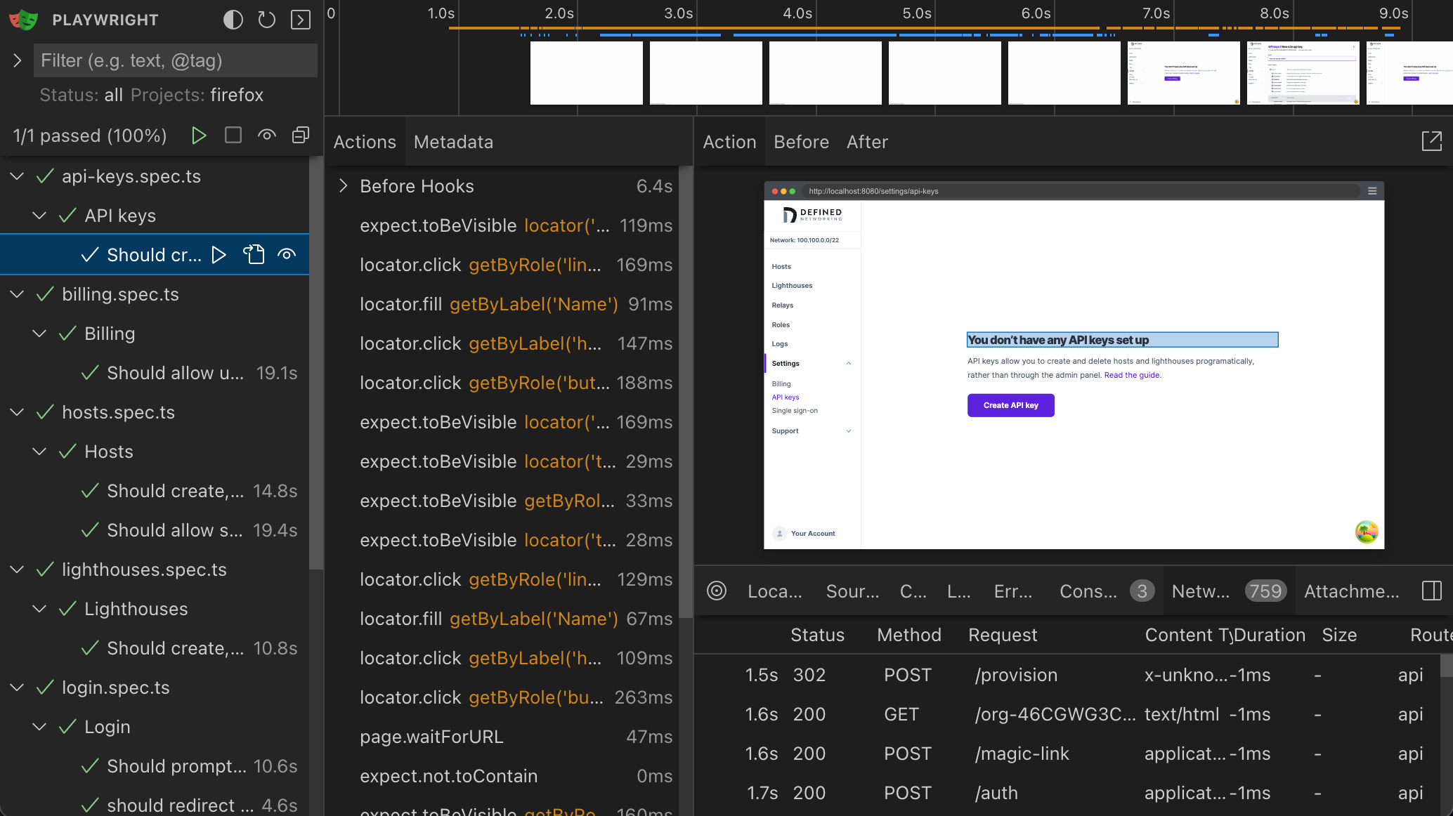 A screenshot of the Playwright UI, showing a passing API key test, with a timeline of the webpage visual state, the steps the test took, and network requests that were made