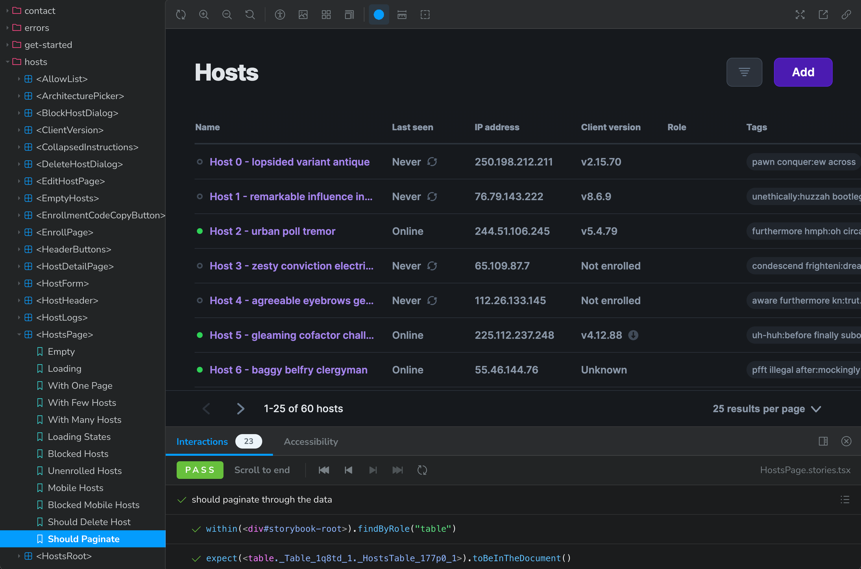 A screenshot of the Defined Networking Storybook, showing a test of the hosts page, with 23 passing interactions verifying pagination works correctly.