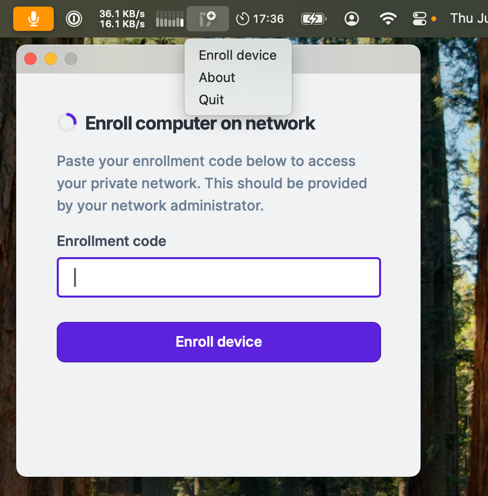 A screenshot of the enroll window and menubar icon for DNClient Desktop on macOS
